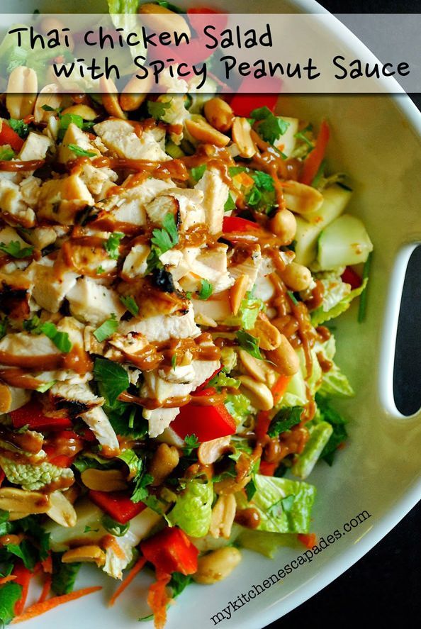 Thai Chicken Salad with Spicy Peanut Sauce. Soooooo good!! Made for dinner tonight, a huge hit, will def be making again!