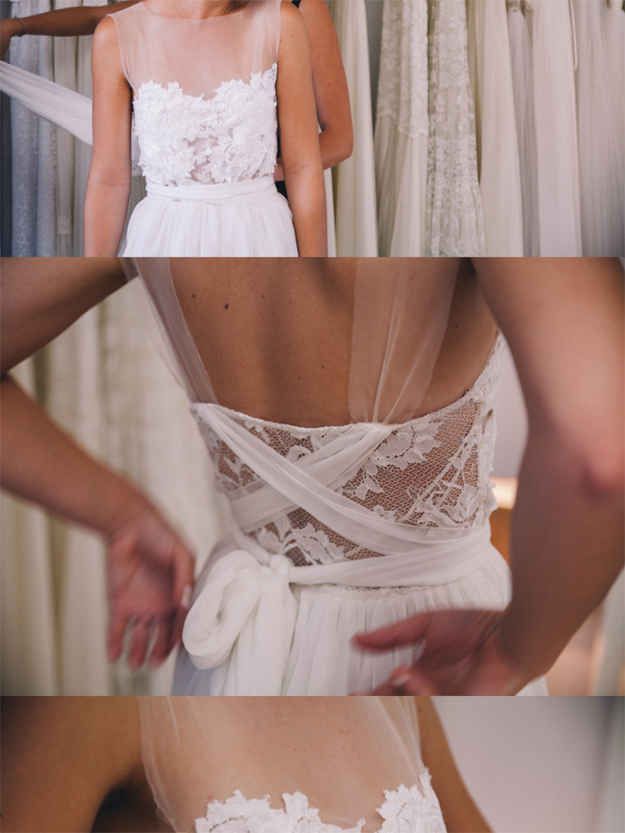 The soft and subtle way this dress criss-crosses in the back. | 50 Gorgeous Wedding Dress Details That Are Utterly To Die For