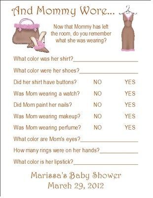 This could go with the “tricked ya” guessing game to guide guests with what to remember that mom-to-be was wearing… not many