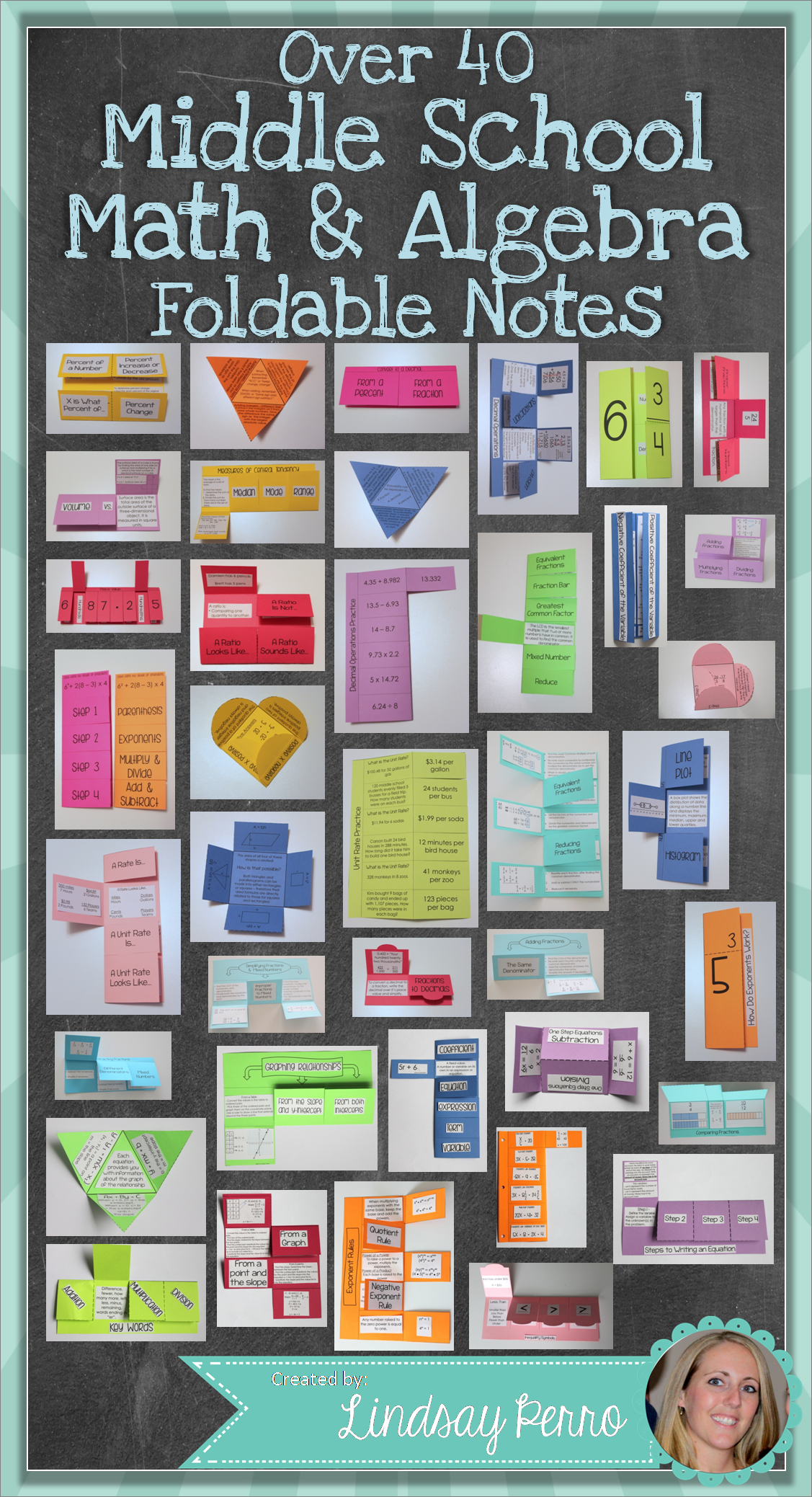 This HUGE collection of 40 foldables will breathe some life back into notes on many Middle School Math concepts.  Each foldable