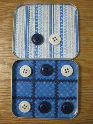 Tic-tac-toe travel game: reuse a tin cd holder, and buttons or bottlecaps with magnets on the back.