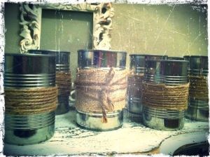 tin cans with burlap and jute twine – easy, cheap and rustic! Could be used for a BBQ or a mans birthday party???