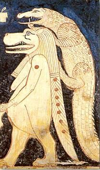 Tomb of pharaoh Seti I, Valley of the Kings, KV17, Egypt. A hippo and a crocodile near the midplane of the ceiling are