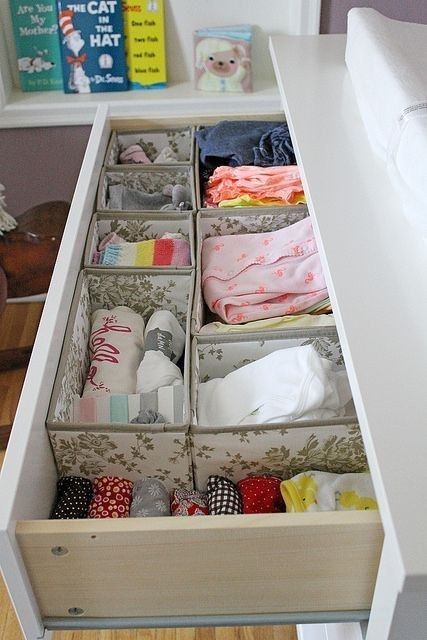 Use SKUBB boxes to organize baby clothes for a nursery. | 37 Clever Ways To Organize Your Entire Life With IKEA