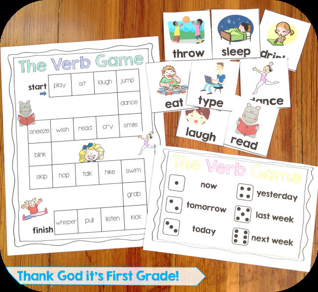 Verb games: charades and a board game to practice using the correct verb tense. These and lots more activities for the first grade