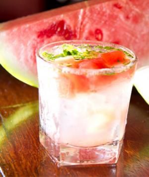 Watermelon Fizz – super easy, tequila, simple syrup, soda, lime, watermelon & cilantro. 100 calories.