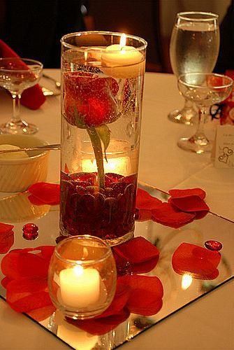 White and Gold Wedding. Centerpiece Idea: 1 rose stem,water,decorative stones/arcylic stones,floating candle,volatile