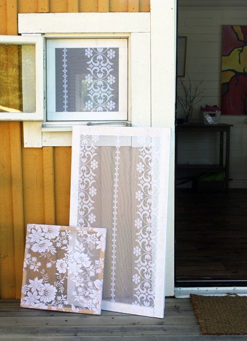 Window screens – ornate curtain lace mounted over timber window frames.  You could use these window screens as wedding or party