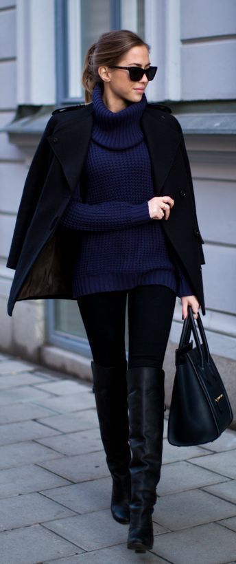 Winter Fashion 2015. Oversized Navy Turtle neck Sweater + Over the Knee boots.