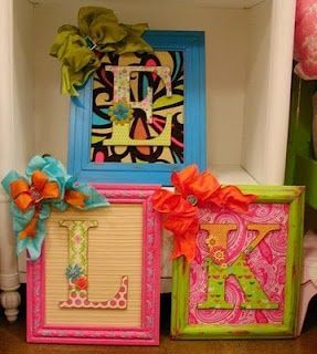 wooden letter on picture frame with scrapbook paper