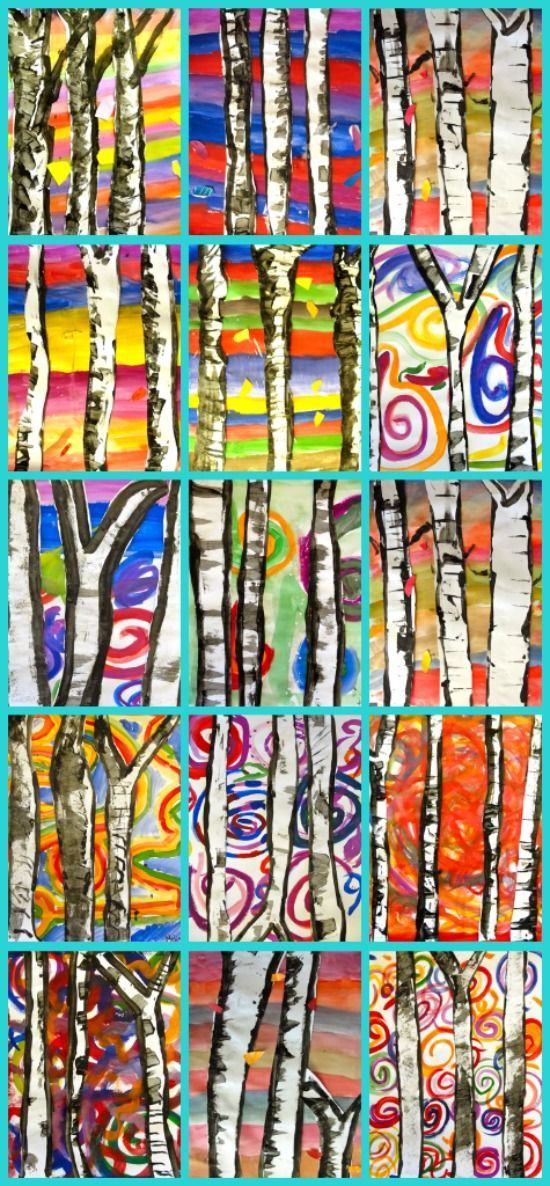 2nd and 3rd grade birch trees: Trees are painted on white paper and cut out then glued onto painted background