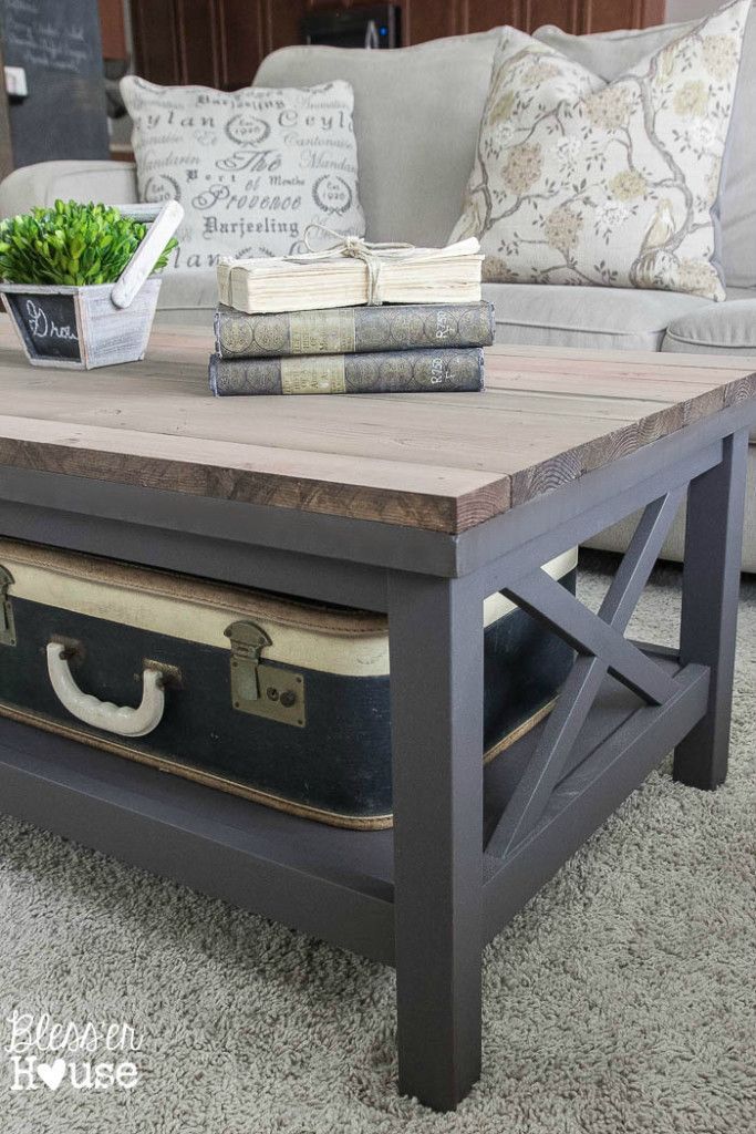 Barn Wood Top Coffee Table | Blesser House – Gorgeous way to cover up a scratched, peeling veneer coffee table top!