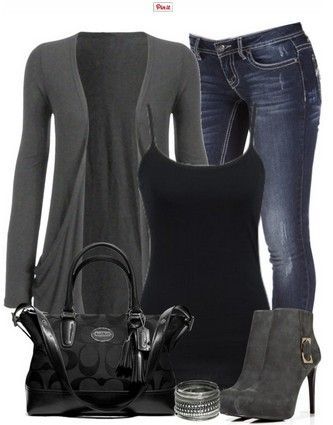 Black and Grey Outfit look, Grey Cardigan, Jeans and Grey Ankle Boots