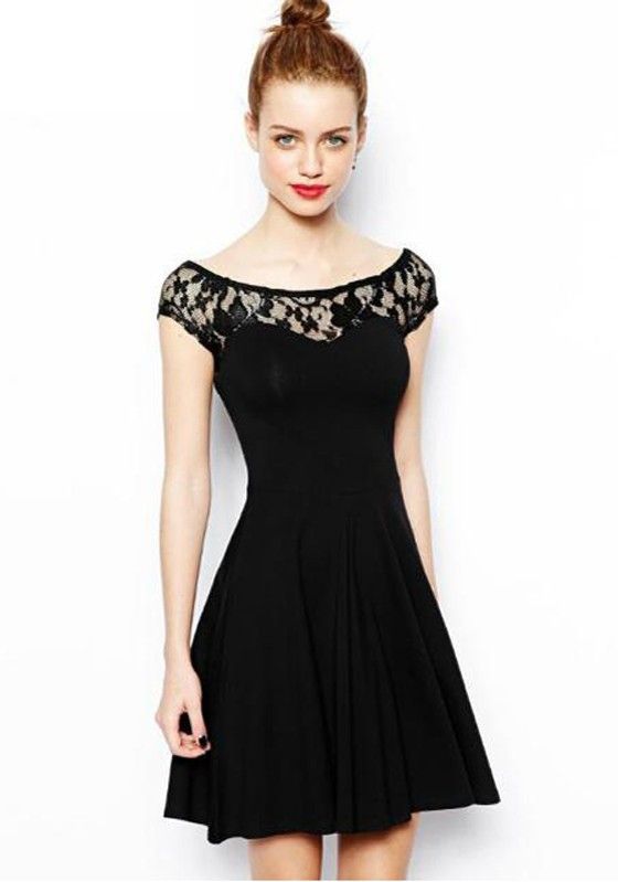 Black Patchwork Lace Short Sleeve Dress