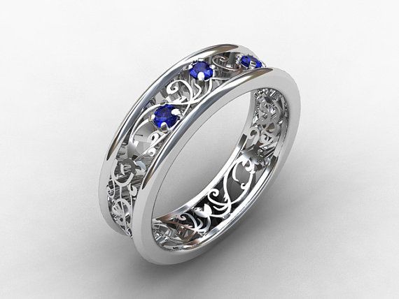 Blue sapphire filigree wedding ring made from white gold by TorkkeliJewellery, $1190.00