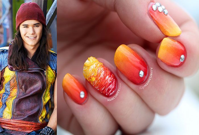 Booboo Stewart from Disneys Descendents as his character Jay accompanied by a photo of yellow and orange nail art with gems on