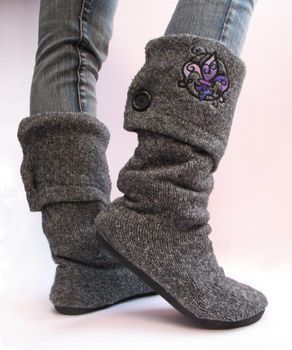 boots made from old sweater and cheap flat shoes (maybe as slippers for the home?)
