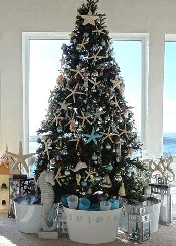 by the seashore Christmas tree…I have done a nautical tree..I used sand dollars, starfish, clam & scallop shells, etc..fish,