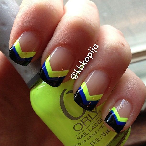 chevron tips #nail art in black, neon yellow (Orly glowstick) and Essie butler