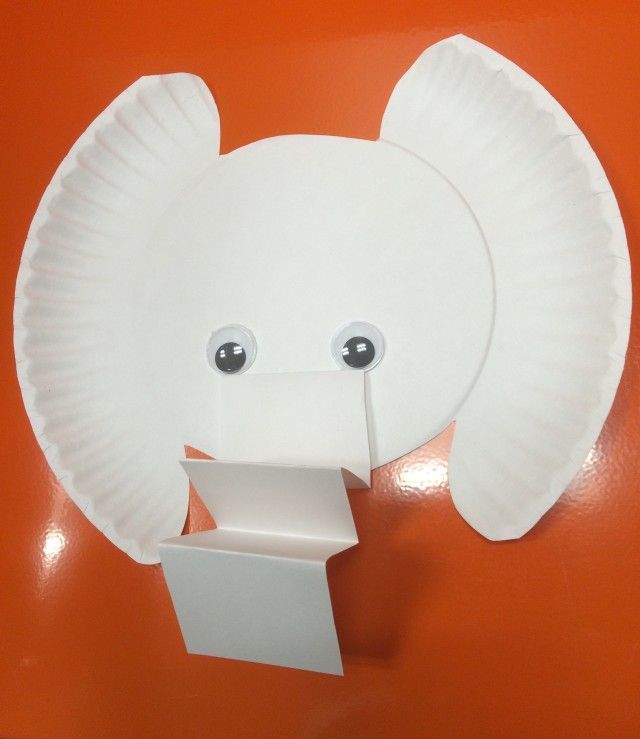 Craft Ideas for Childrens Librarians – paper plate elephant with accordion paper trunk and googly eyes – with Little Elliot Big