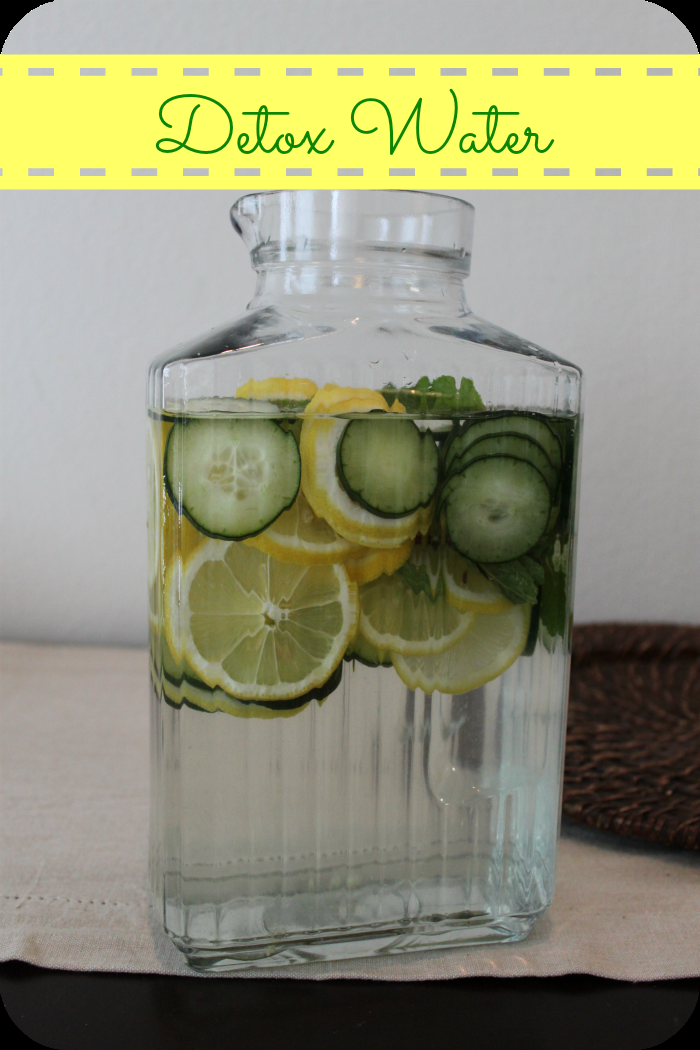 Detox water. Great for hydration and detoxing the body. 2 lemons, half a cucumber, 10 mint leaves and 3 quarts of water. Add