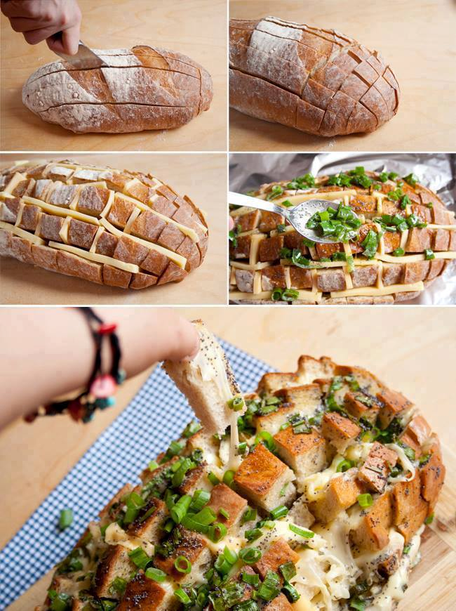 Die Zutaten: 1 Laib Brot, Gouda Aufschnitt, Knoblauch, Petersilie und Butter Die Zubereitung: Zuerst ein Gitter ins Brot