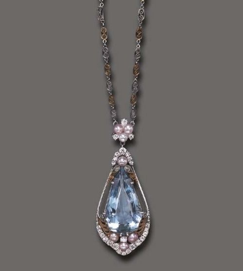 Edwardian. Platinum, Gold, Aquamarine, Pearl and Diamond Necklace, Louis Comfort Tiffany, c1915.