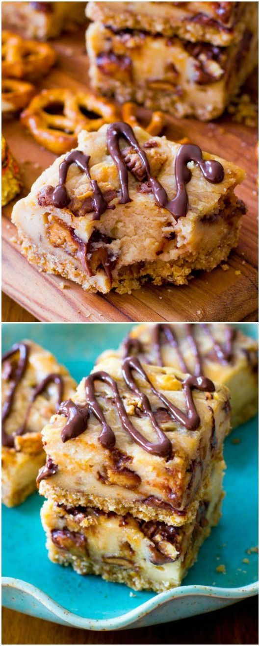Everyone will BEG you for this Peanut Butter Cup Cheesecake Bar recipe. I love the salty pretzel crust!