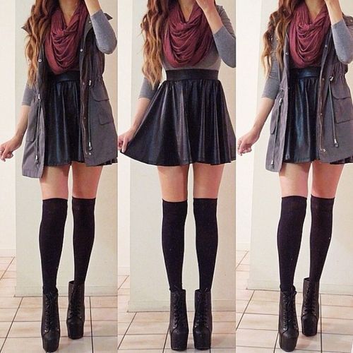 fall outfits for teen girls with knee high socks | Circle skirt and knee high socks