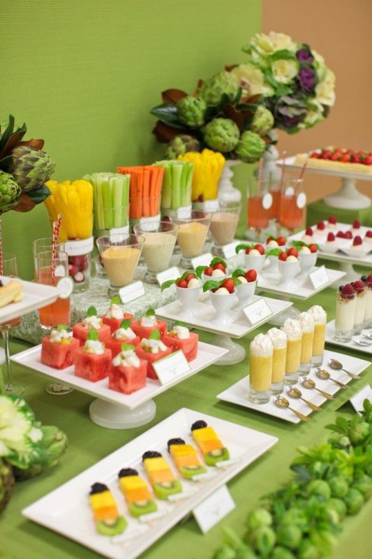 Fruit/Vegi Display: Watermelon Salad, Yogurt Parfaits, Caprese Salad, Pumpkin Latte Shots, Fruit Tarts, Vegi Sticks and Fruit
