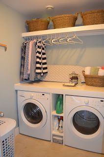 Fun Home Things: 10 Laundry Room Ideas. The counter atop the washer/dryer and shelf above with room for hangers is all SO great!