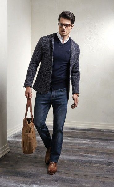 gray tweed jacket. blue cashmere sweater. white oxford. jeans. light brown brogues. leather messenger bag. clean. crisp. casual.