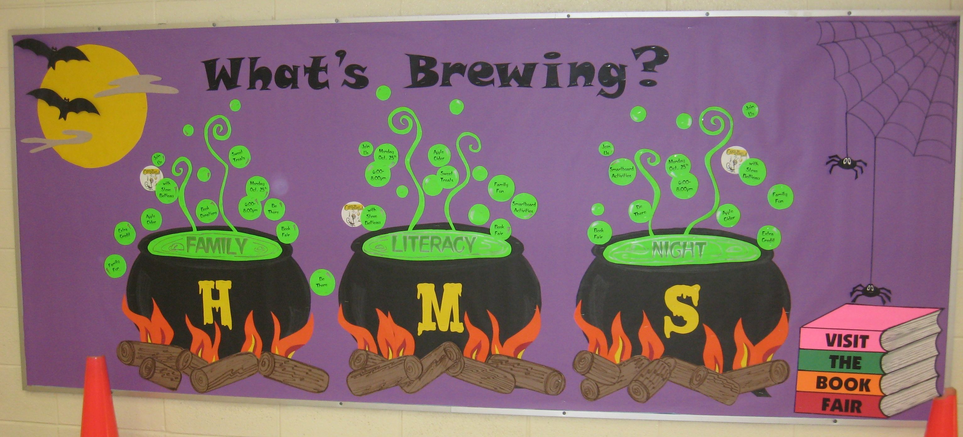 Halloween bulletin board – could have a separate cauldron for each class and then include topics they have/will cover