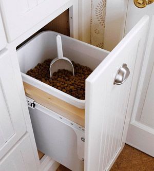 Hidden Dog Food Bin -This would be so functional and fantastic that its hidden in a mud room, the kitchen, or the pantry.