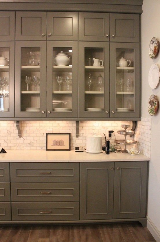 Home – Kitchens – grey cabinets, marble subway tile and white countertops