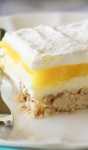 Lemon Lush Recipe ~ This dessert is light and creamy, with a crunchy shortbread