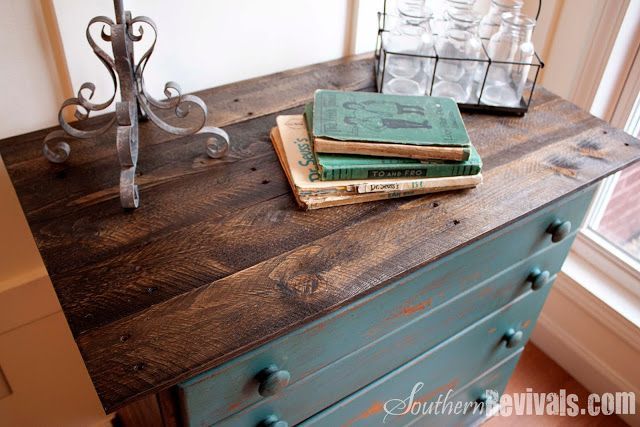 Love this! Get an old dresser and redo the top with stained boards. By Souther Revivals