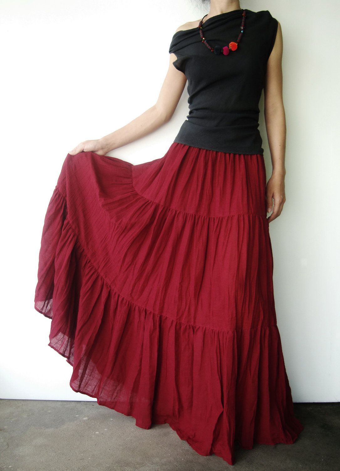 LOVE THIS TOP.  Must have it.  But where is it?  (NO.5 Deep Red Cotton, Hippie Gypsy Boho Tiered Long Peasant Skirt. $ 40.00, via