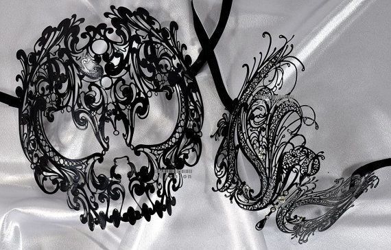 Lovers Men and Women Couple metal laser cut Masquerade Masks: This listing is for    1 x Skull men and 1 x Swan women masks    —