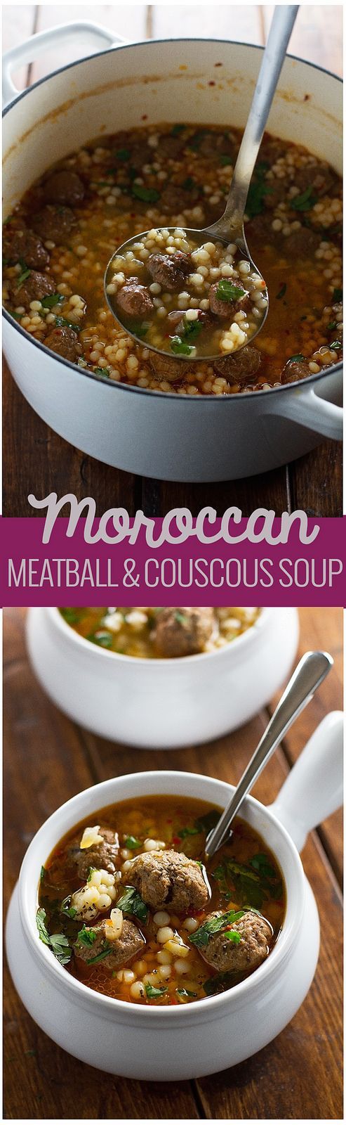 Moroccan Meatball and Couscous Soup – Loaded with tiny meatballs and pearl couscous, this soup is so flavorful!