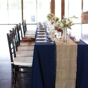navy wedding. We could flip this so that the table cloth is white but the runner is blue. No burlap.