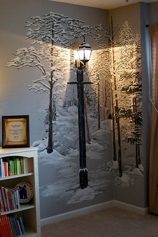 Or just paint a wintry forest mural on the wall and attach an old-fashioned lamp. | 21 DIY Ways To Make Your Childs Bedroom