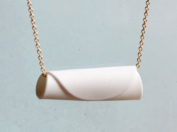 Porcelain Necklace – White Ceramic Roll – Gold Chain Necklace – Porcelain Jewelry – Porcelain Envelope