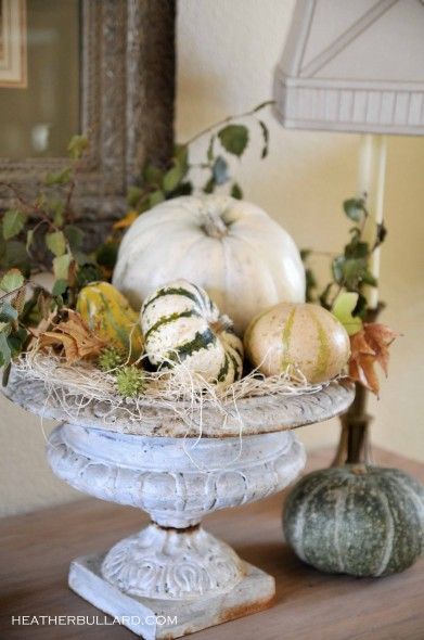 pretty fall decor with white pumpkins