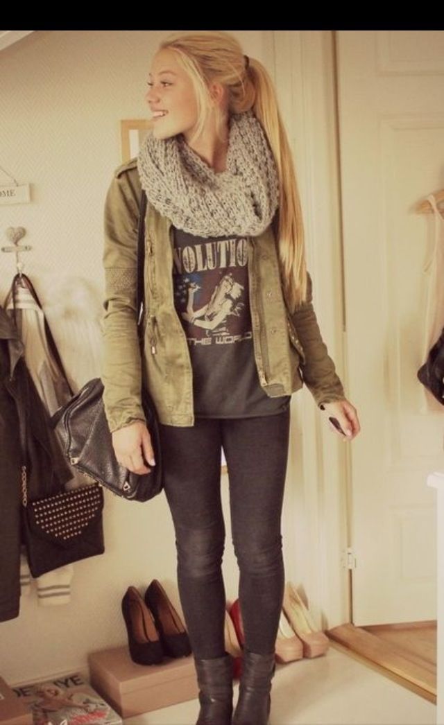 printed t-shirt outfit cute, casual look – chunky knit tan inifinity scarf, graphic gray t, olive jacket, dark gray or black