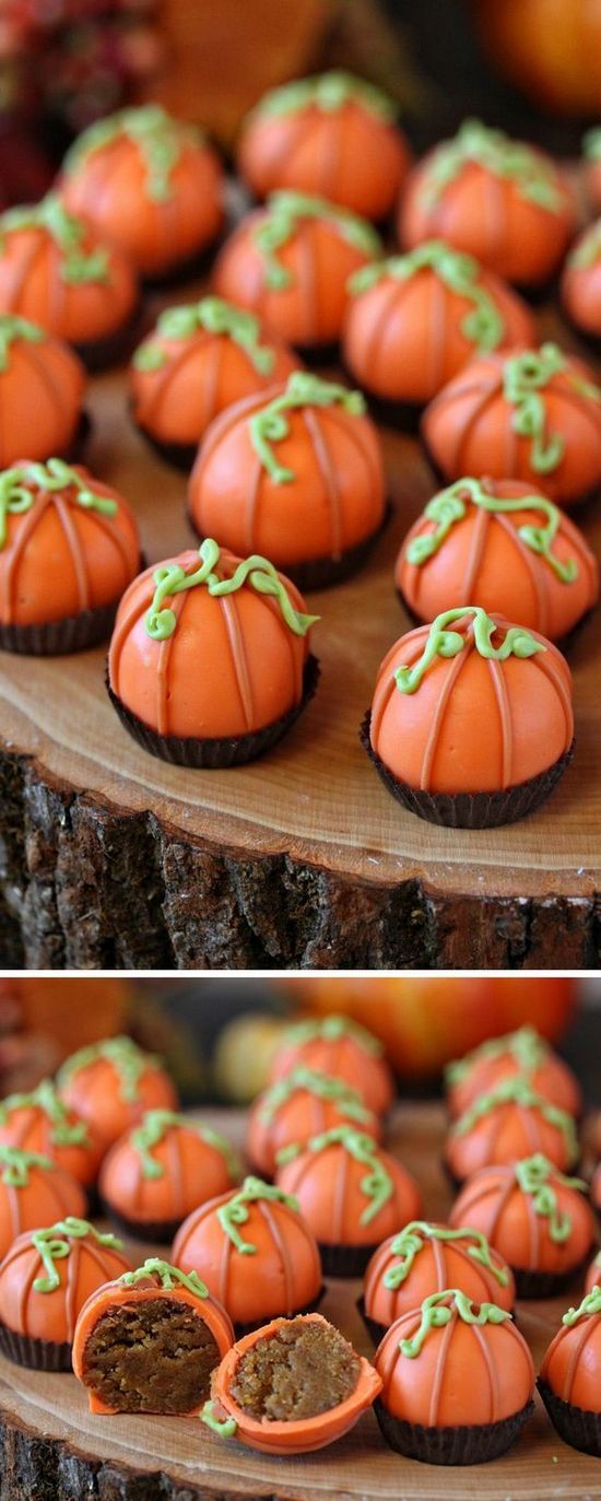 Pumpkin Bread Truffles ~ Filled with a mix of moist pumpkin bread and cream cheese frosting