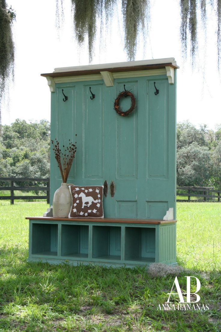 Re Use Old doors, wood bench, shelf and some hooks to create your own mud room furniture.