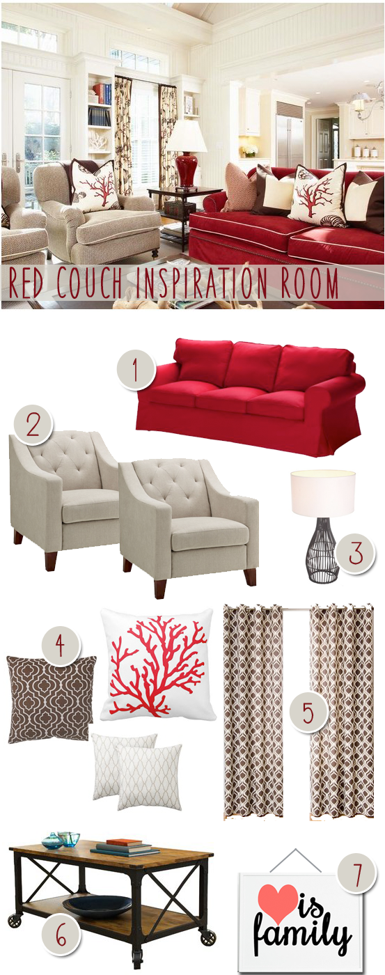 Red Couch Living Room. Coral Pillows. Modern Farmhouse