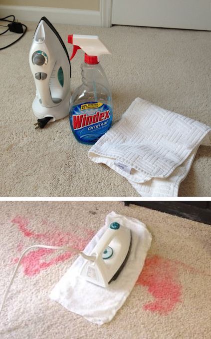 Remove carpet stains by spraying with windex and ironing with a towel