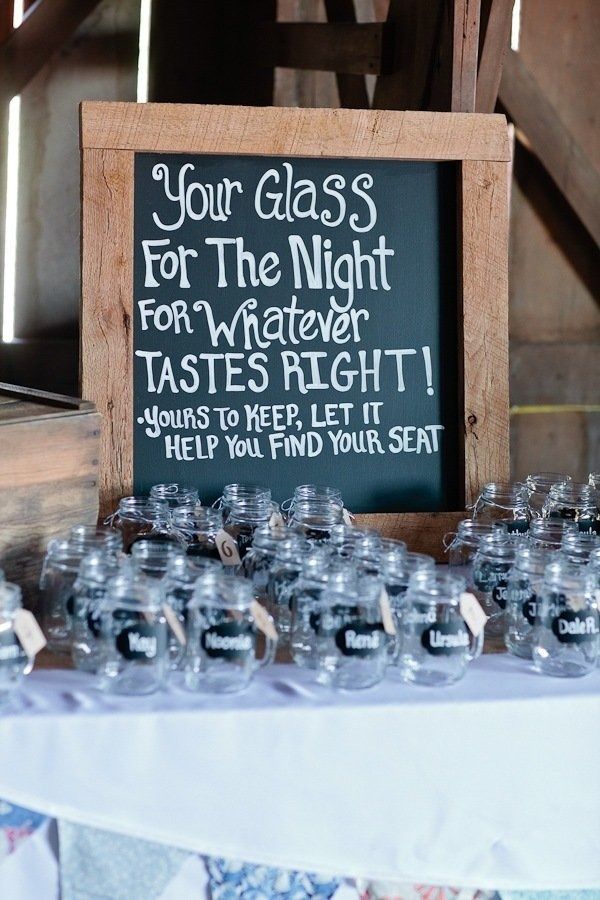 So cute and rustic themed – triples as a glass, seat finder, and party favor!